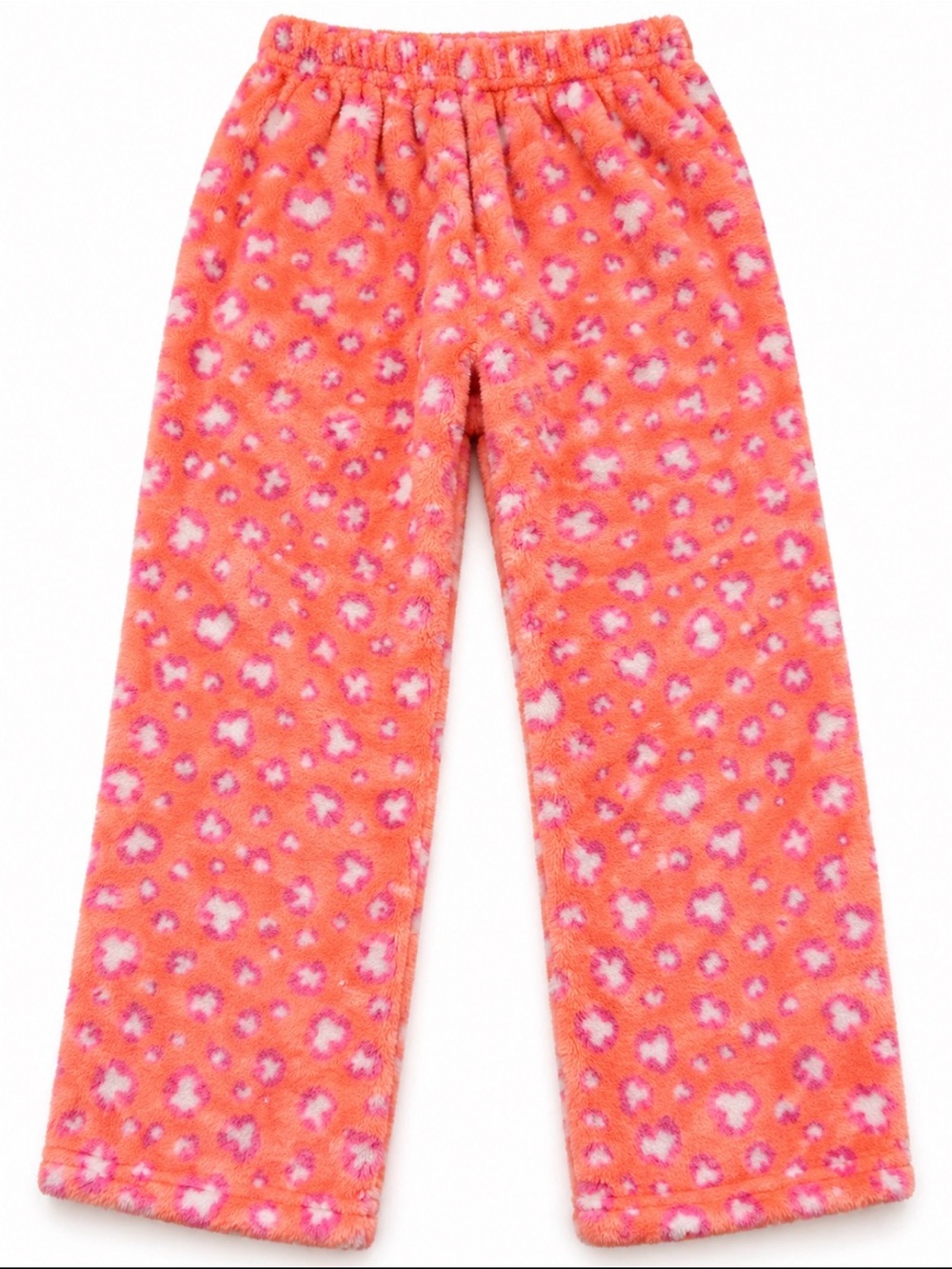 Magic Orange Fleece Pajama Pants with Pink and White Heart Print